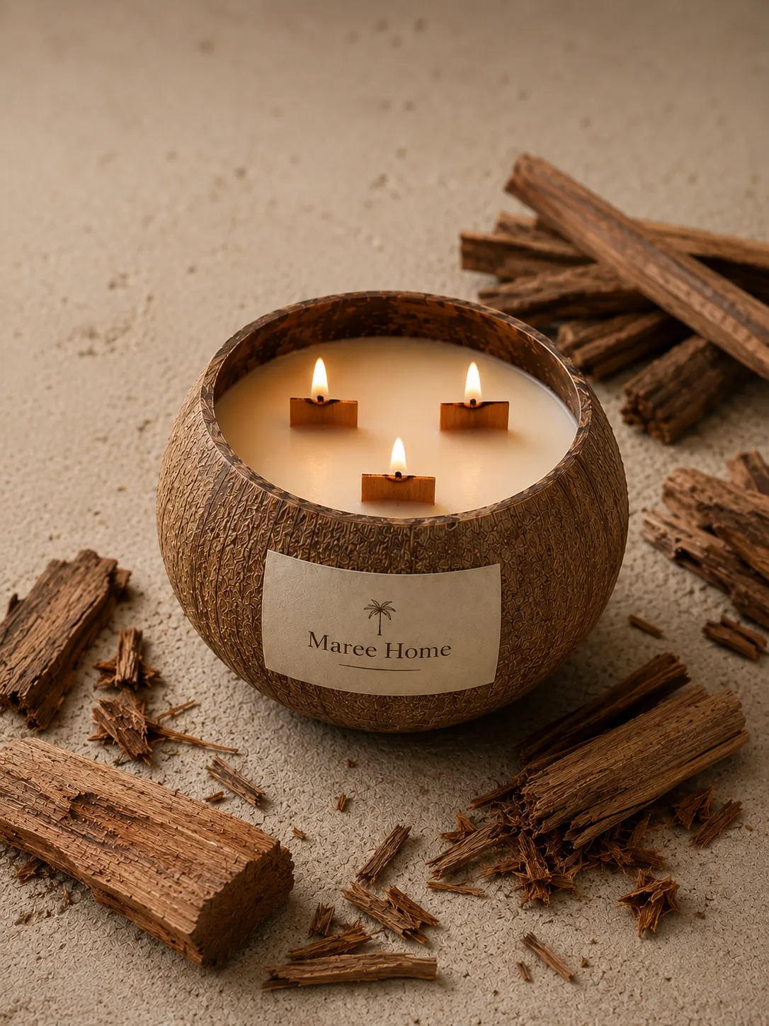 The same coconut shell candle lit, its wooden wick burning low