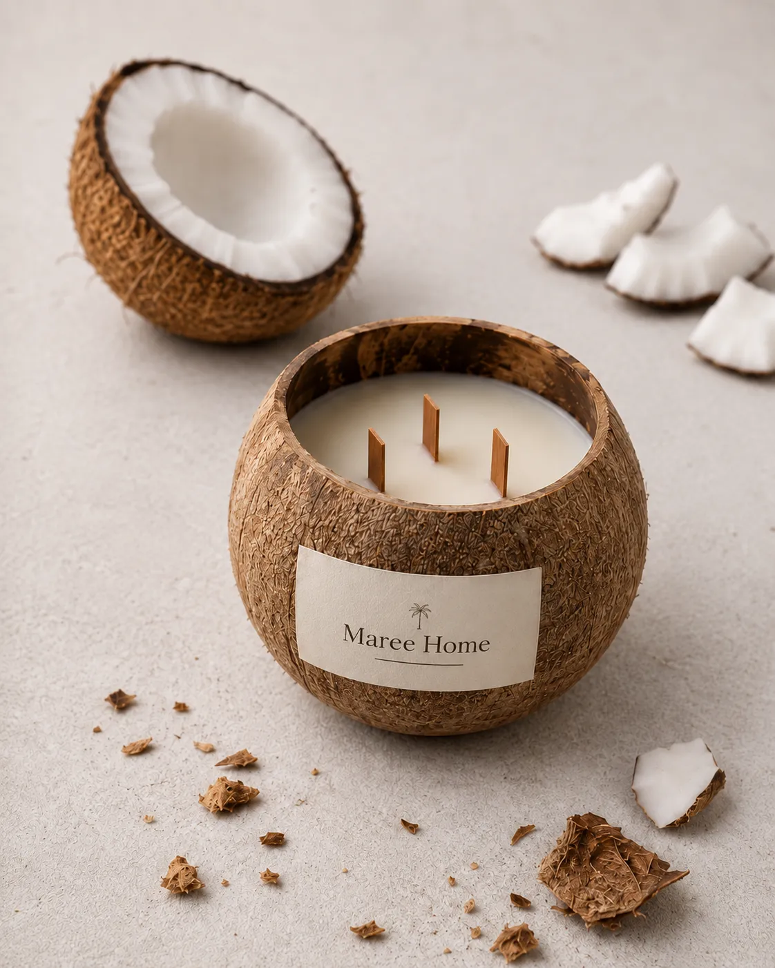 A hand-finished coconut shell candle, unlit, showing the grain of the shell