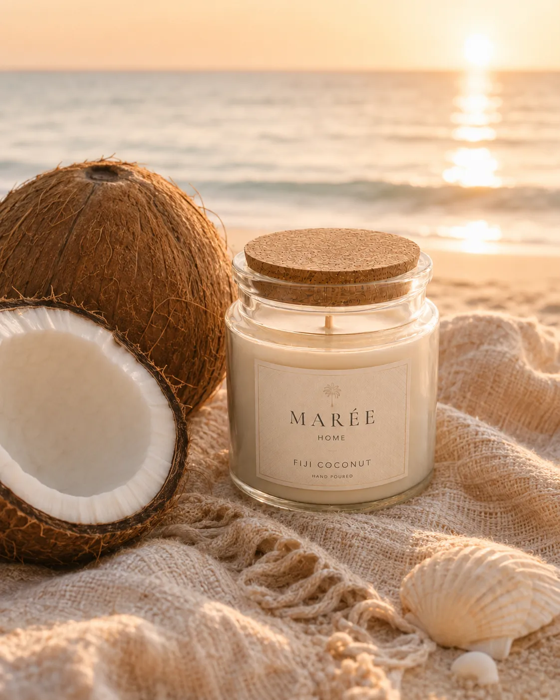 A clear glass Ocean Breeze jar in Fiji Coconut, its cork lid resting beside it