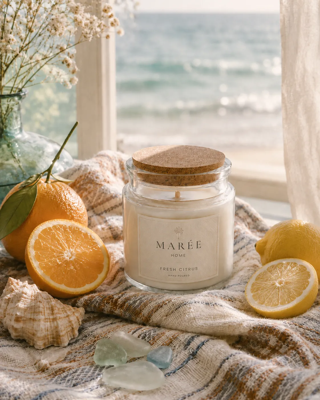 A clear glass Ocean Breeze jar with a cork lid, unlit